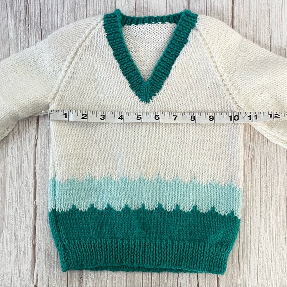 Handmade Baby Girl/Boy Knit V Neck Long Sleeve Sweater 18-24 Months White Teal - Picture 7 of 9